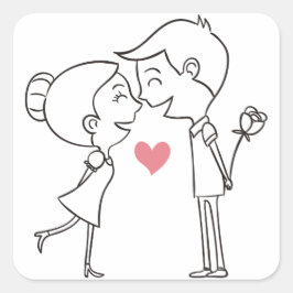 Adesivo Quadrado Noiva de Cartoon e Casamento Preto e Branco Rosa