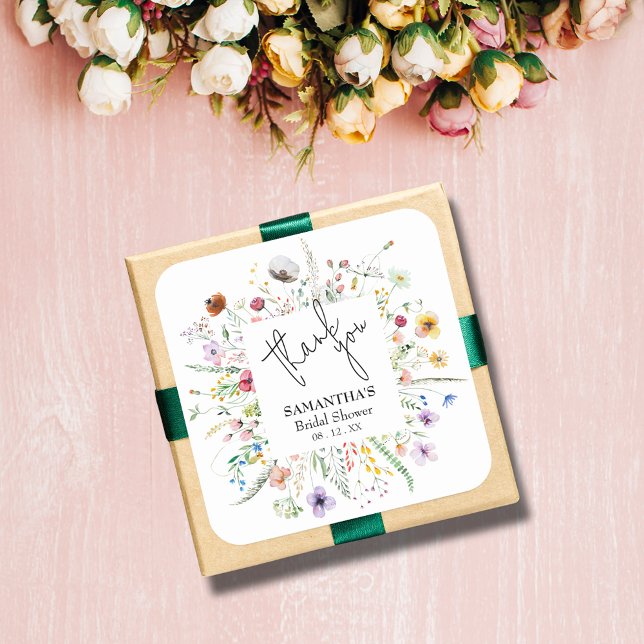 Adesivo Quadrado Noiva de Flores Silvestres (Wildflowers bridal shower 3" square stickers (1-1/2" available, too))