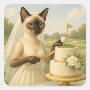 Adesivo Quadrado Noiva de Golf Cat Golfer está cortando bolo de cas