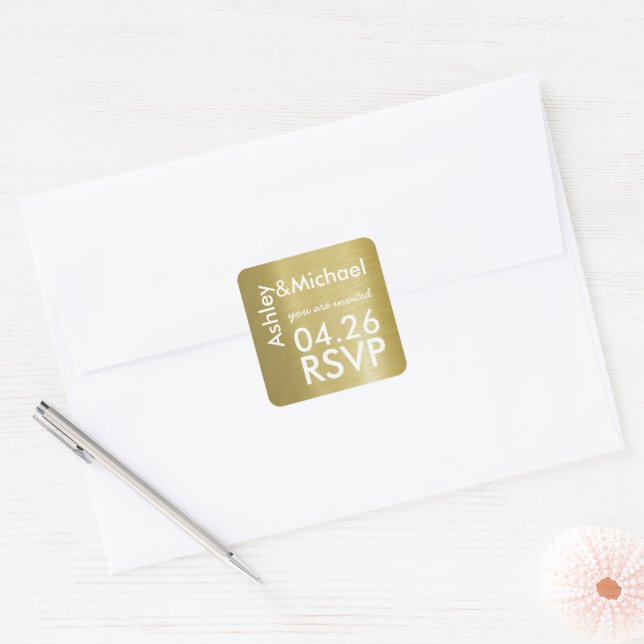 Adesivo Quadrado Noiva e noiva de ouro faux rsvp (Envelope)