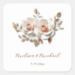 Adesivo Quadrado Noiva e Noivo Bodas Rosas 3D Rosa Dourado