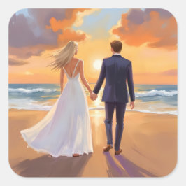 Adesivo Quadrado Noiva & Noivo Casamento na Praia Aquarela