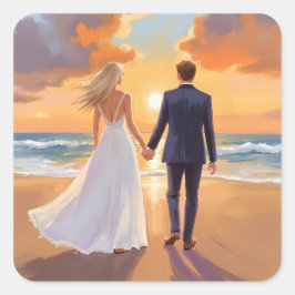 Adesivo Quadrado Noiva & Noivo Casamento na Praia Aquarela