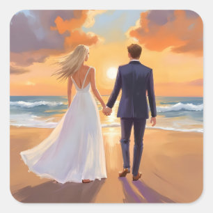 Adesivo Quadrado Noiva & Noivo Casamento na Praia Aquarela