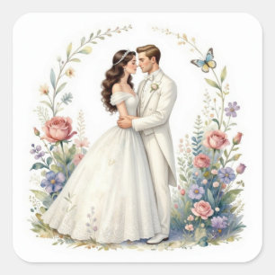 Adesivo Quadrado Noiva Romântica Noivo Floral Casal de Noivos Elega
