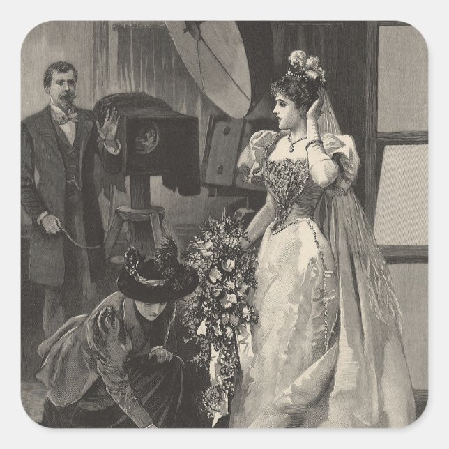 Adesivo Quadrado Noiva Vintage, Retrato Bridal com Fotógrafo (Frente)