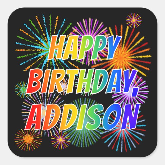 Adesivo Quadrado Nome "ADDISON", Diversão "FELIZ ANIVERSÁRIO" (Frente)