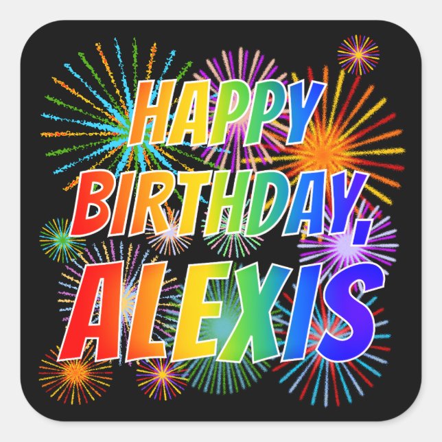 Adesivo Quadrado Nome "ALEXIS", Diversão "FELIZ ANIVERSÁRIO" (Frente)