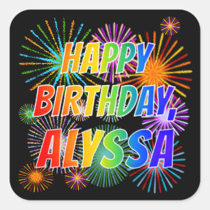 Adesivo Quadrado Nome "ALYSSA", Diversão "FELIZ ANIVERSÁRIO"