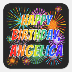 Adesivo Quadrado Nome "ANGELICA", Diversão "FELIZ ANIVERSÁRIO"