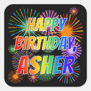 Adesivo Quadrado Nome "ASHER", Diversão "FELIZ ANIVERSÁRIO"