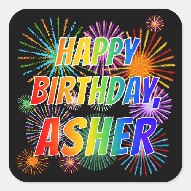 Adesivo Quadrado Nome "ASHER", Diversão "FELIZ ANIVERSÁRIO" (Frente)