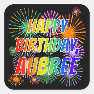 Adesivo Quadrado Nome "AUBREE", Diversão "FELIZ ANIVERSÁRIO"