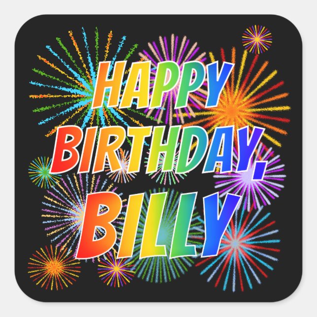 Adesivo Quadrado Nome "BILLY", Diversão "FELIZ ANIVERSÁRIO" (Frente)