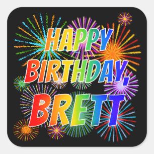 Adesivo Quadrado Nome "BRETT", Diversão "FELIZ ANIVERSÁRIO"