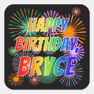 Adesivo Quadrado Nome "BRYCE", Diversão "FELIZ ANIVERSÁRIO"