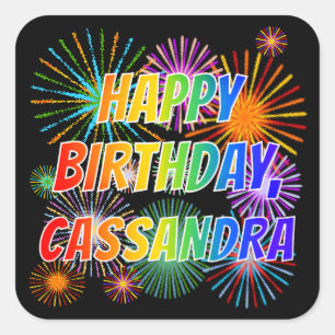 Adesivo Quadrado Nome "CASSANDRA", Diversão "FELIZ ANIVERSÁRIO"