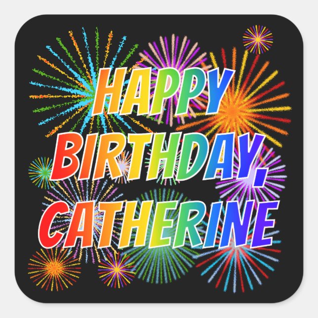 Adesivo Quadrado Nome "CATHERINE", Diversão "FELIZ ANIVERSÁRIO" (Frente)