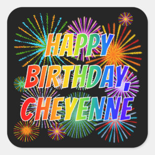Adesivo Quadrado Nome "CHEYENNE", Diversão "FELIZ ANIVERSÁRIO"