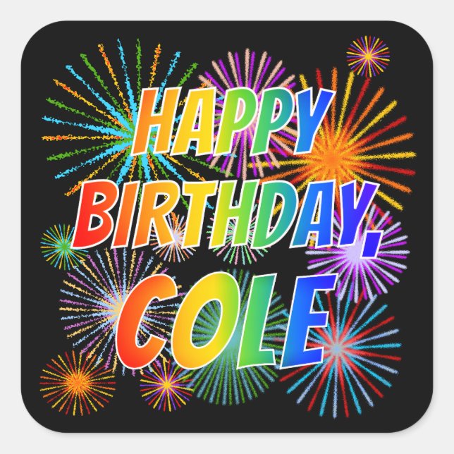 Adesivo Quadrado Nome "COLE", Diversão "FELIZ ANIVERSÁRIO" (Frente)