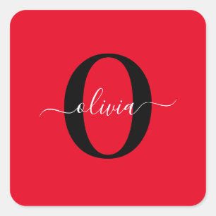 Adesivo Quadrado Nome com Letra Inicial Personalizada em Vermelho, 