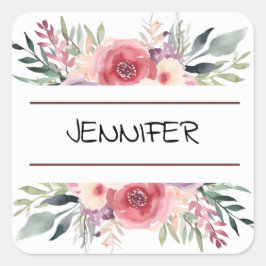 Adesivo Quadrado Nome da Borda Floral da Flor da Pastel Watercolor