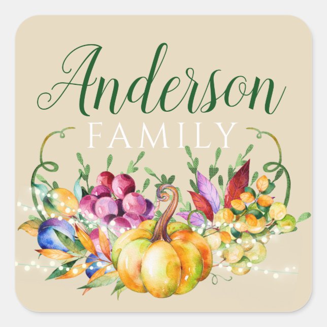 Adesivo Quadrado Nome da Família do Buquê de Colheita Outono (Frente)