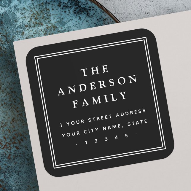 Adesivo Quadrado Nome da família elegante borda endereço de retorno (Elegant family name border black return address square sticker)