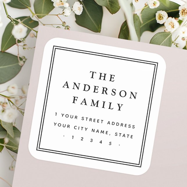 Adesivo Quadrado Nome da família elementar endereço de retorno de b (Elegant family name square border return address square sticker)