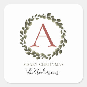 Adesivo Quadrado Nome da Família Floral Christmas Wreath Monogramed