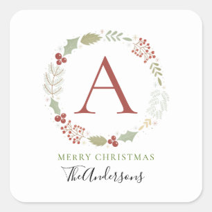Adesivo Quadrado Nome da Família Floral Christmas Wreath Monogramed