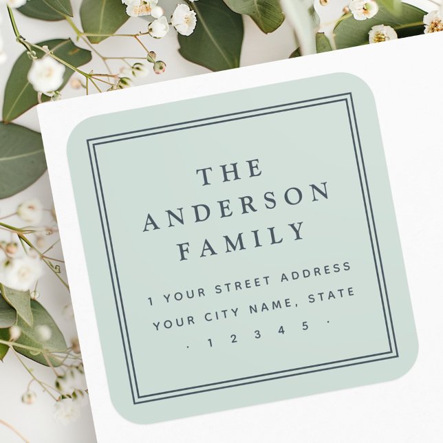 Adesivo Quadrado Nome da família light empoeirado endereço verde-ma (Family name light dusty sea green return address square sticker)