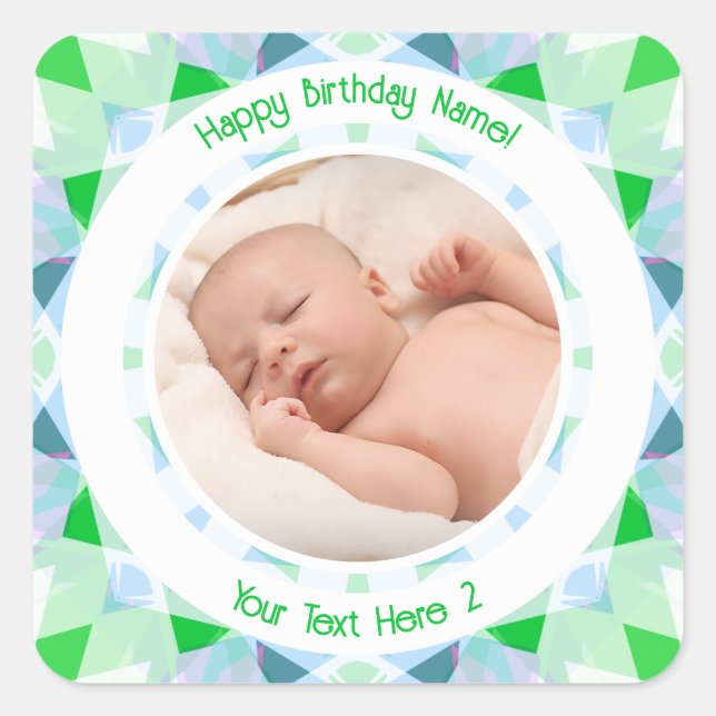 Adesivo Quadrado Nome da Foto Personalizada Idade Azul Verde Aniver (Frente)