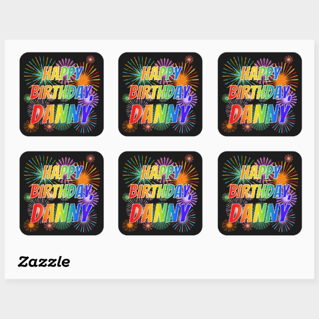 Adesivo Quadrado Nome "DANNY", Diversão "FELIZ ANIVERSÁRIO" (Folha)
