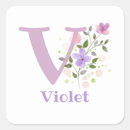 Adesivo Quadrado Nome de adição inicial Violet & Flowers Design