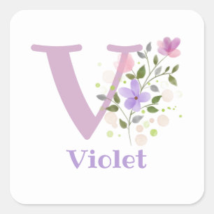 Adesivo Quadrado Nome de adição inicial Violet & Flowers Design