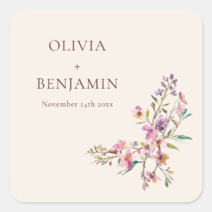 Adesivo Quadrado Nome de Casamento Boho Flor Silvestre Rosa Roxo Ca
