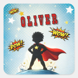 Adesivo Quadrado Nome de Menino Super-Herói Estilo Cartoon Aniversá
