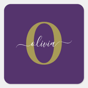 Adesivo Quadrado Nome de script de monograma personalizado Roxo Bra