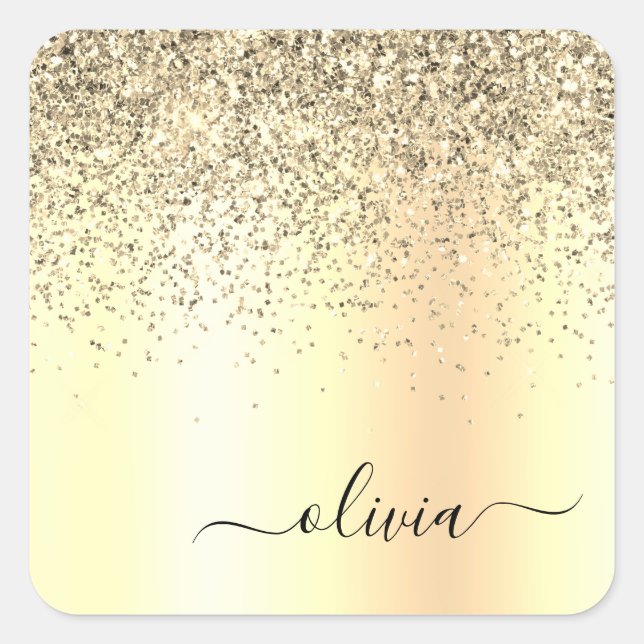 Adesivo Quadrado Nome do Glam do Monograma Dourado Glitter Metal (Frente)
