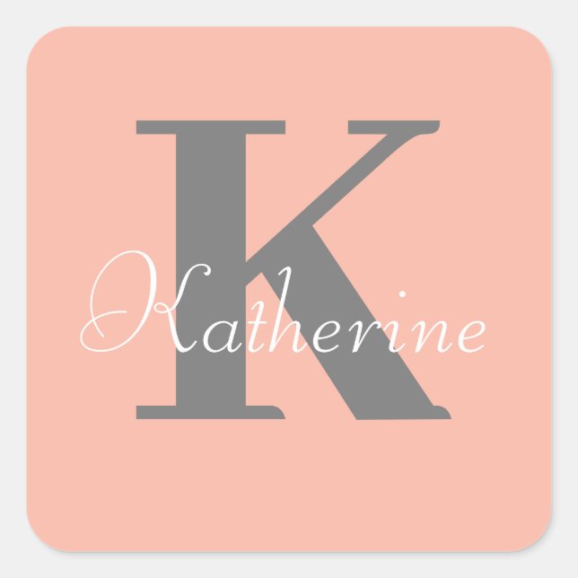 Adesivo Quadrado Nome do Monograma de Pêssego Claro (Frente)