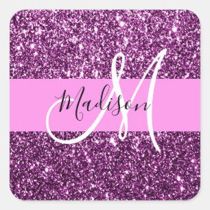 Adesivo Quadrado Nome do Monograma do Glitter Pink & Purple Glitter