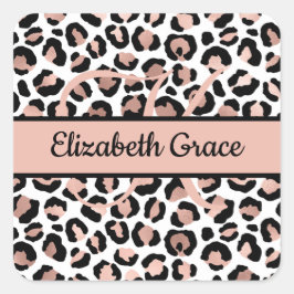 Adesivo Quadrado Nome do Monograma Impressão Preta-Leopardo Rosa Do