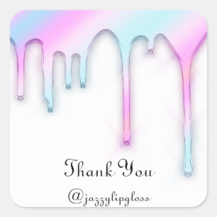 Adesivo Quadrado Nome do Obrigado Gotejamento Holográfico Rosa Bran