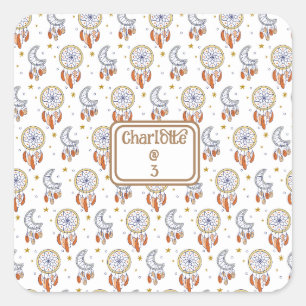 Adesivo Quadrado Nome do Padrão do Boho Whimsical Retro Aniversário