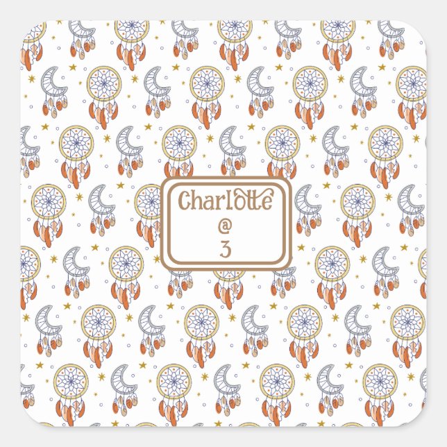 Adesivo Quadrado Nome do Padrão do Boho Whimsical Retro Aniversário (Frente)