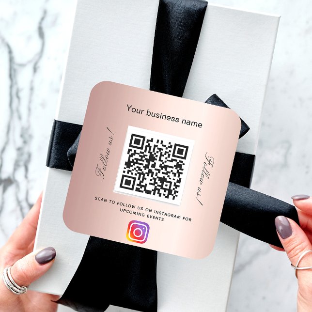 Adesivo Quadrado nome do salão de negócio rosa gold qr código Insta (Criador carregado)