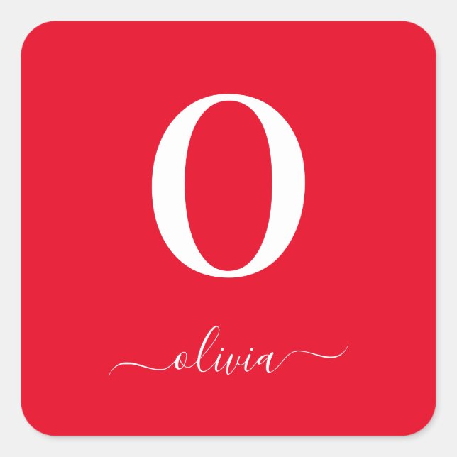 Adesivo Quadrado Nome do Script Monograma Personalizado Vermelho e  (Frente)
