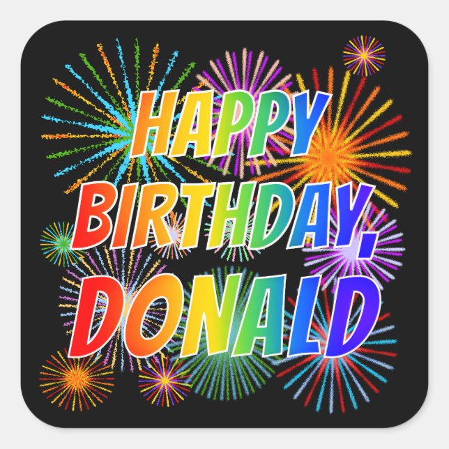 Adesivo Quadrado Nome "DONALD", Diversão "FELIZ ANIVERSÁRIO" (Frente)