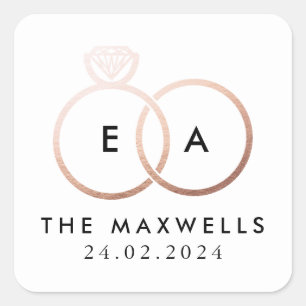 Adesivo Quadrado Nome e data do Monograma do Anel de Casamento Dour